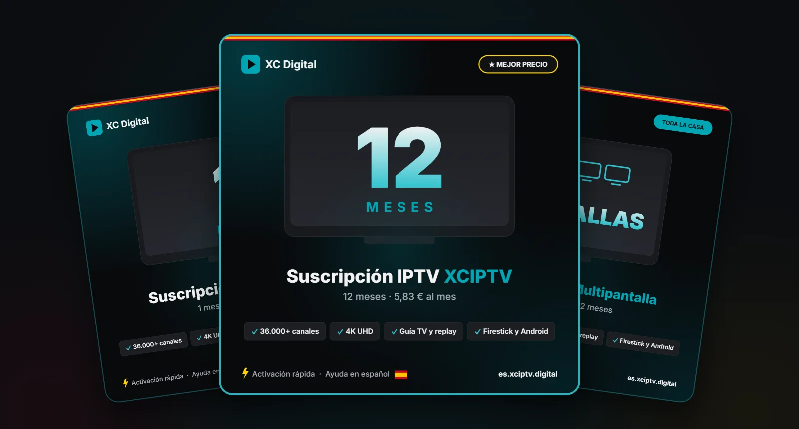 Todas las suscripciones IPTV XCIPTV: 1 mes, 12 meses y plan de 4 pantallas